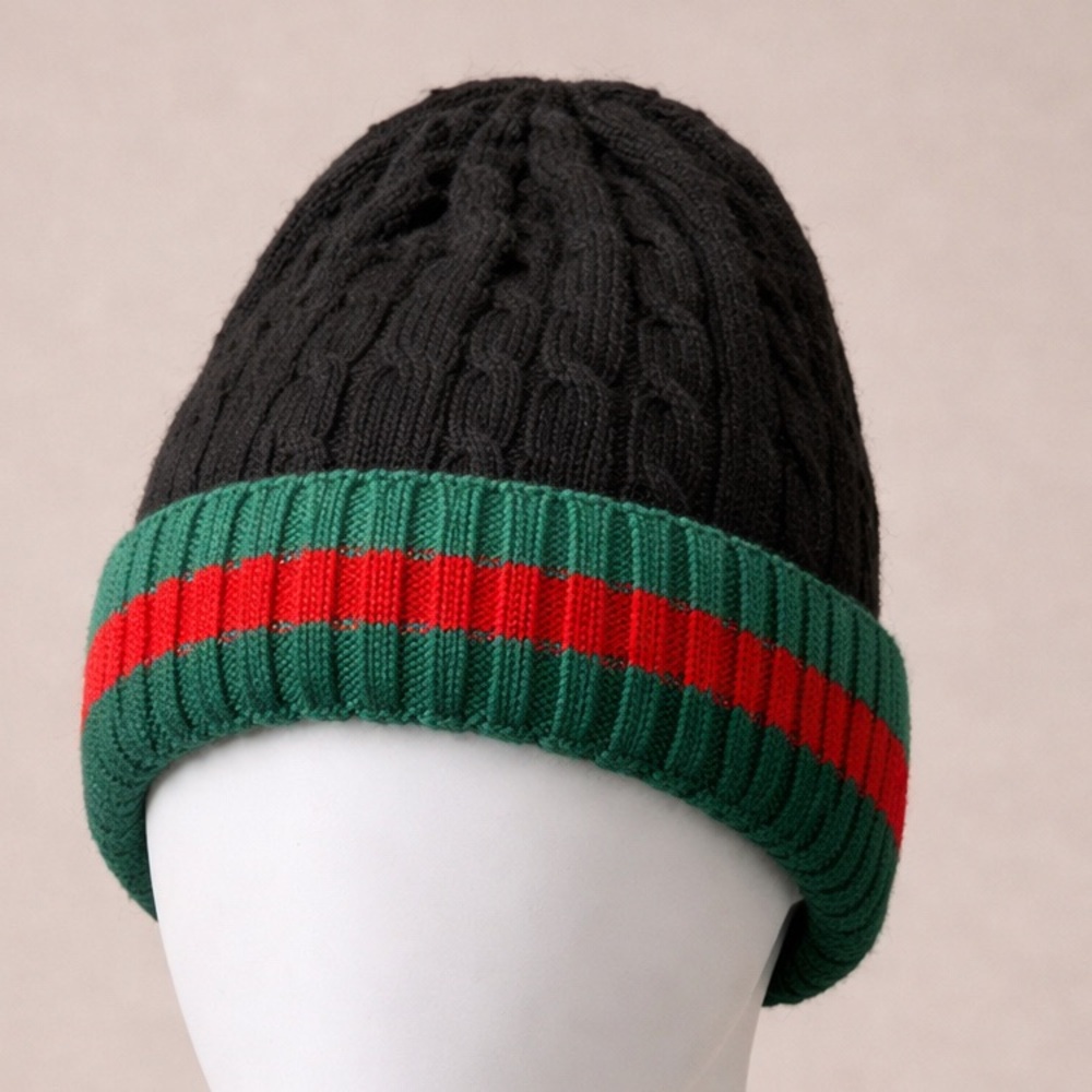 Black Cable Knit Beanie with Green and Red Stripe